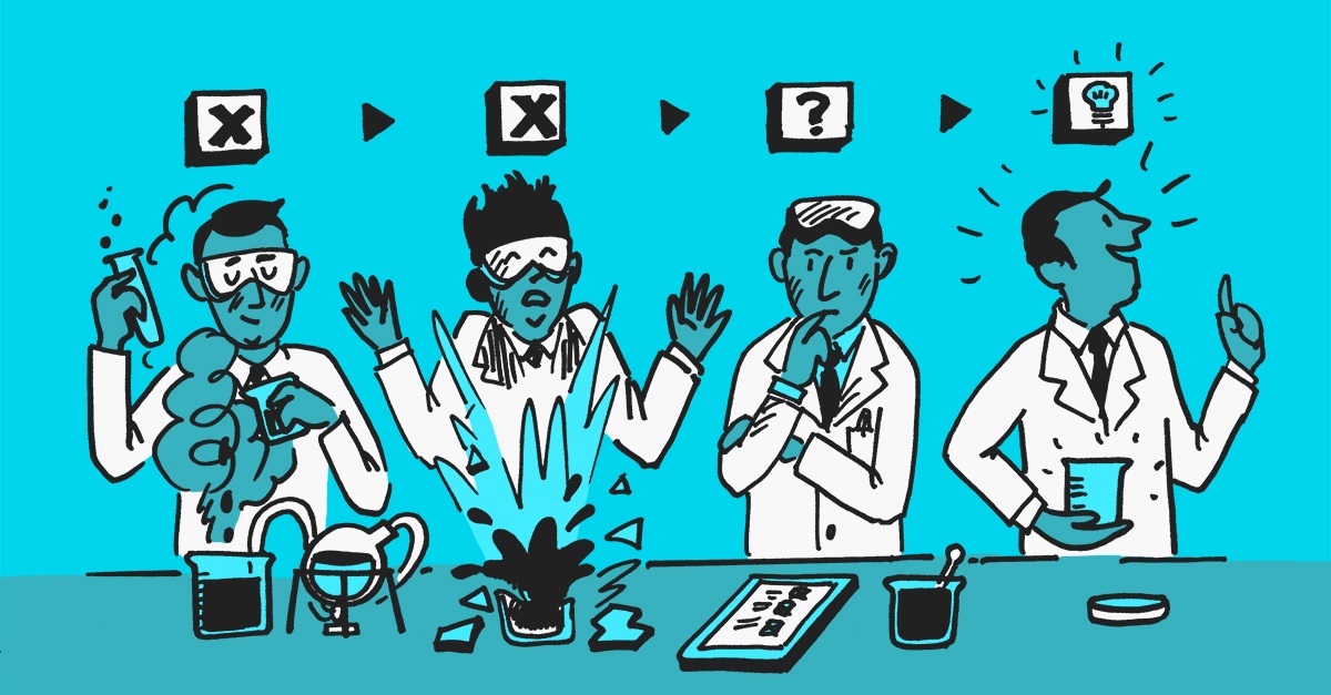 An illustration of a scientist in various stages of his experiment. Failing frequently then evaluating to come up with a new idea and his Eureka moment.