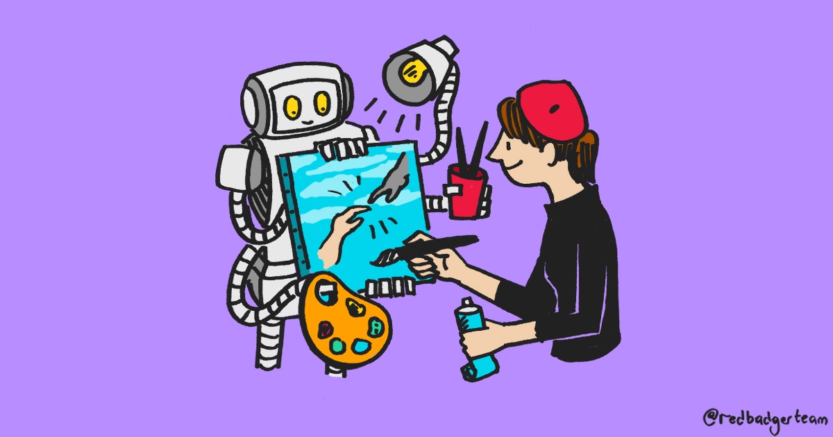 An illustration of a robot holding a canvas, light and palette for a human artist who has painted a human hand and robot hand touching.