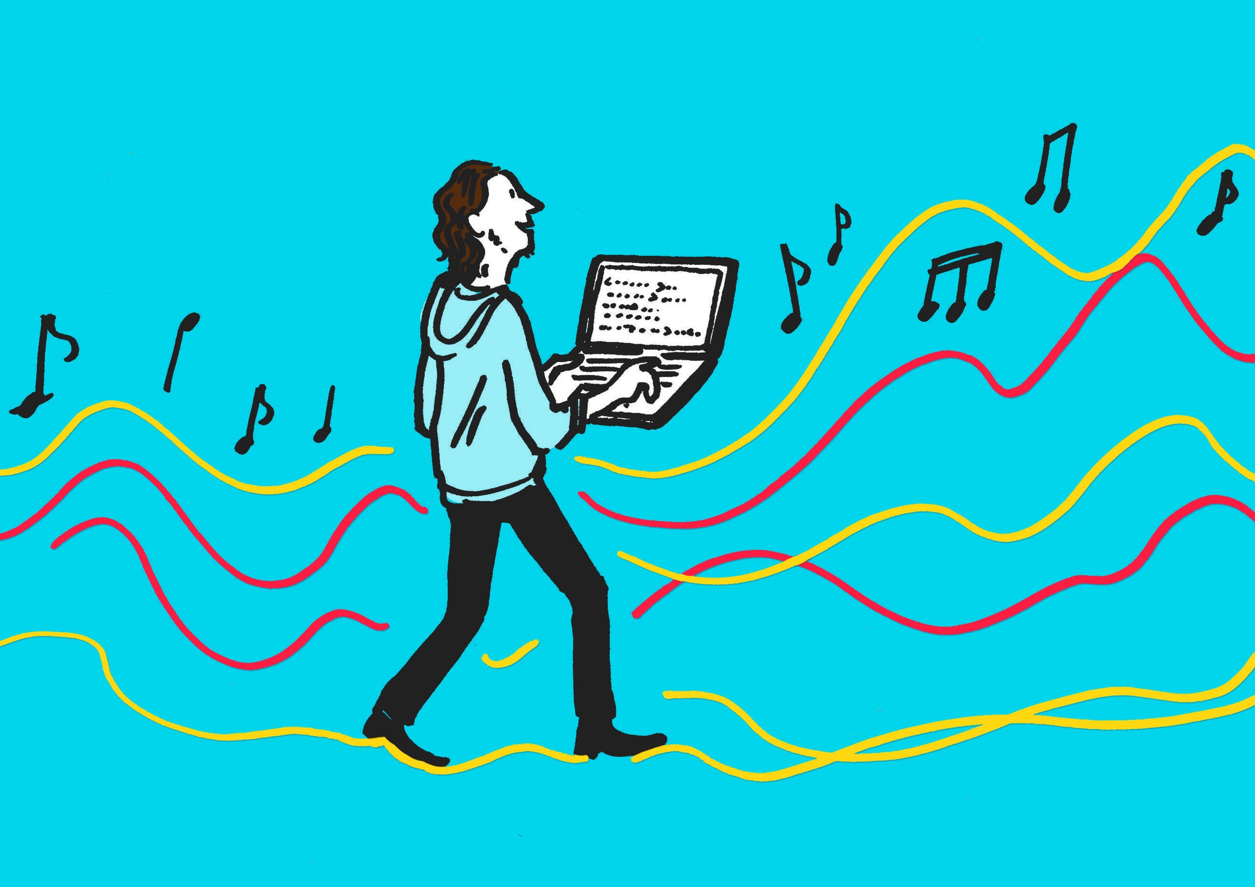 A colourful illustration of a man walking on soundwaves as his laptop plays musical notes