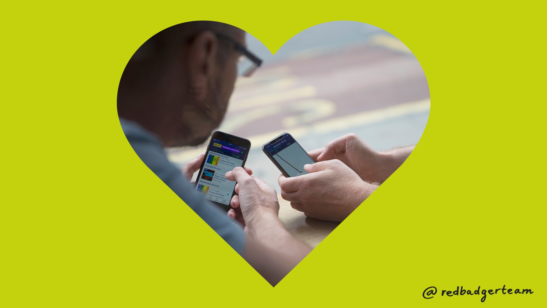A heart shaped photo of two peoples phones on a lime green background