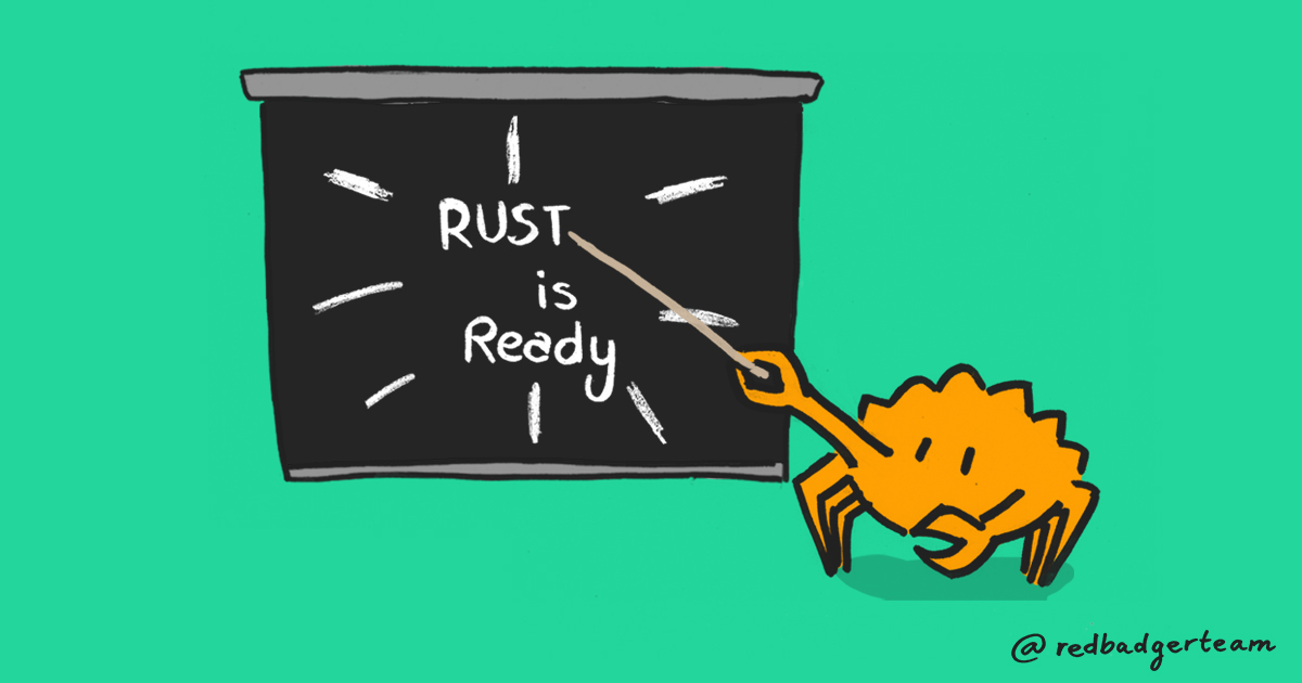 Animation of Ferris the Rust crab pointing at a sign which reads 'Rust is ready'