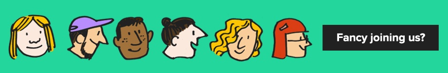  Colourful illustrated banner of different people with the link for the jobs page