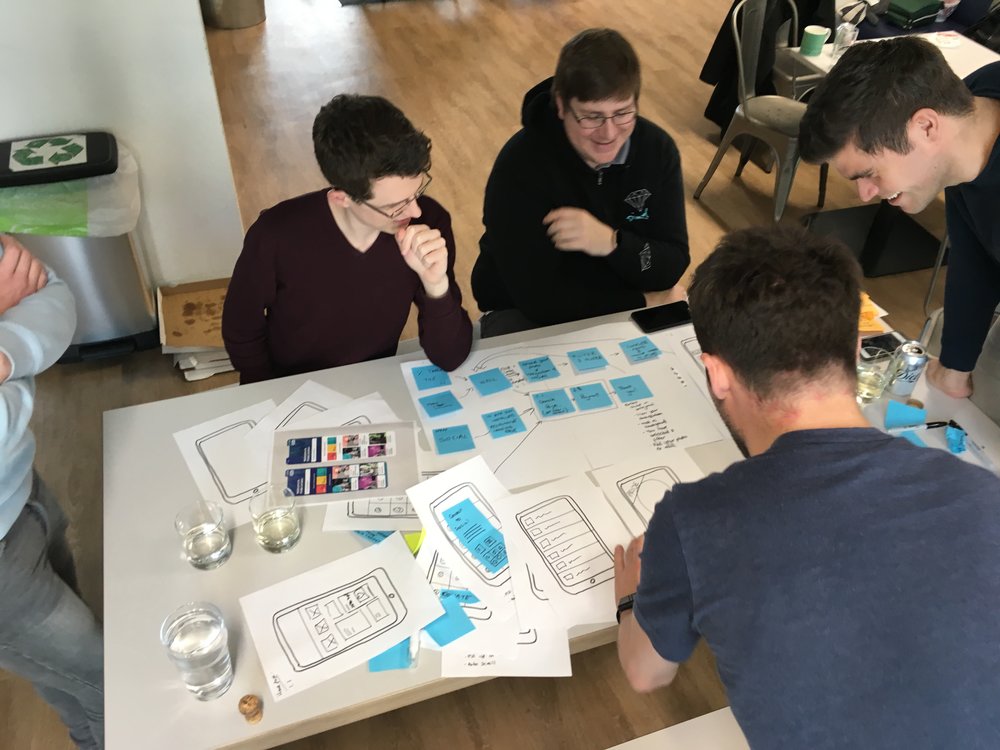 Some of the team sat around a table going over the paper example models