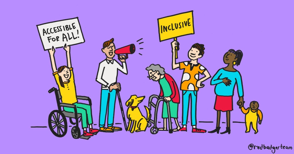  A bright 'Accessibility for all' drawing featuring people of a variety of age, ability, gender and race.