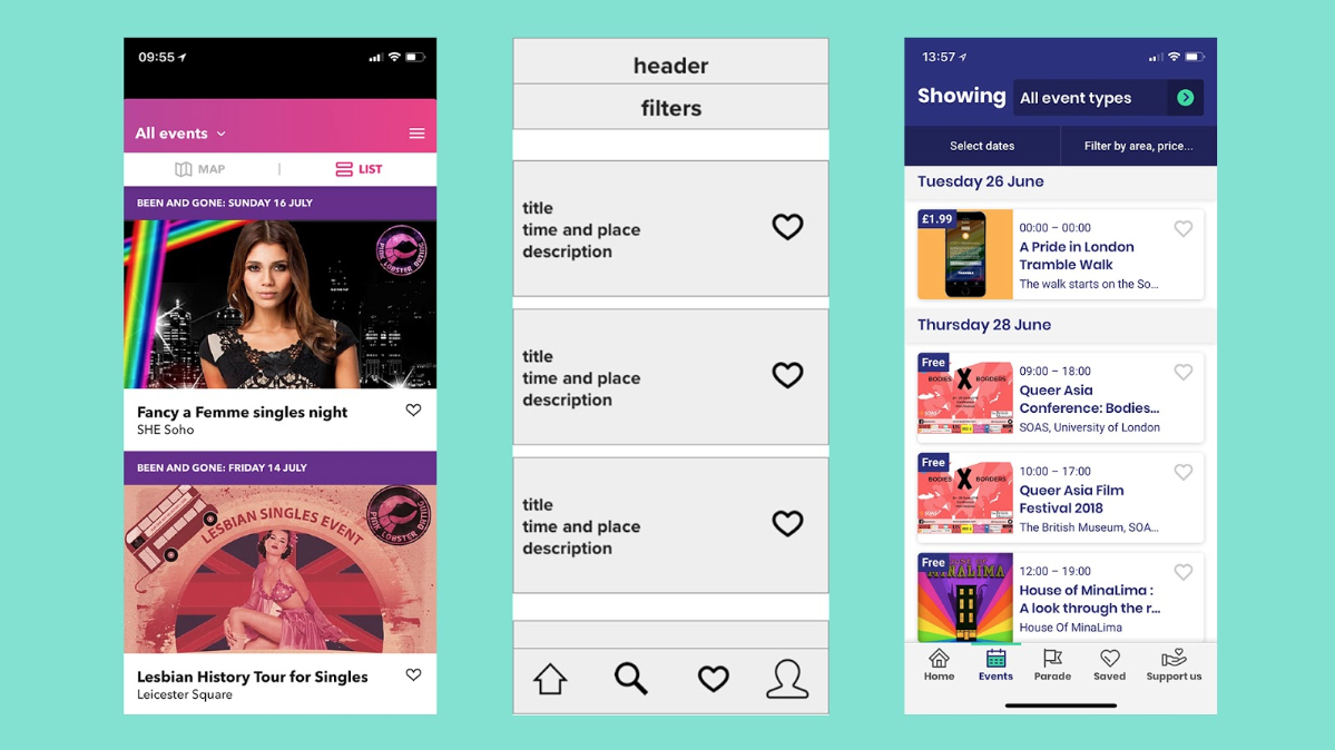  Previous year’s app and early wireframe for Event Listing Page. App in production far right. 