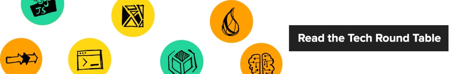 Colourful bubbles of symbols with the link to read more about the tech roundtable