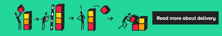 Illustrated stick men creating different structures with coloured blocks and a note to click to read for more about delivery