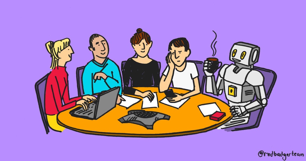 A colourful illustration of a group of people sat around a desk working and in the last seat is a friendly looking robot with a mug of coffee.