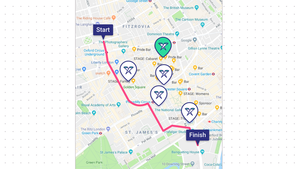 An example of the Map which has a red line leading from the start point to finish as well as multiple X points for interesting surrounding points