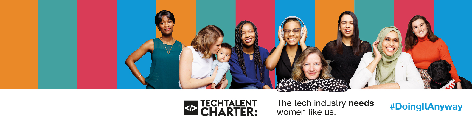 Eight women smiling featuring the Tech Talent Charter logo