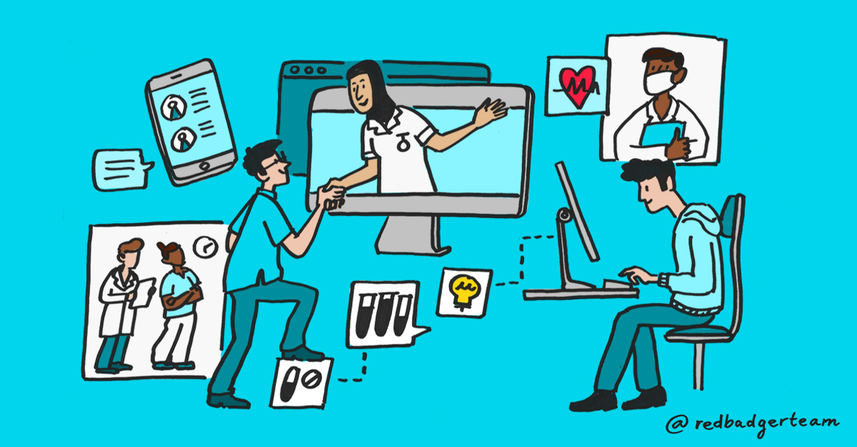 Graphic of medical workers connecting through screens